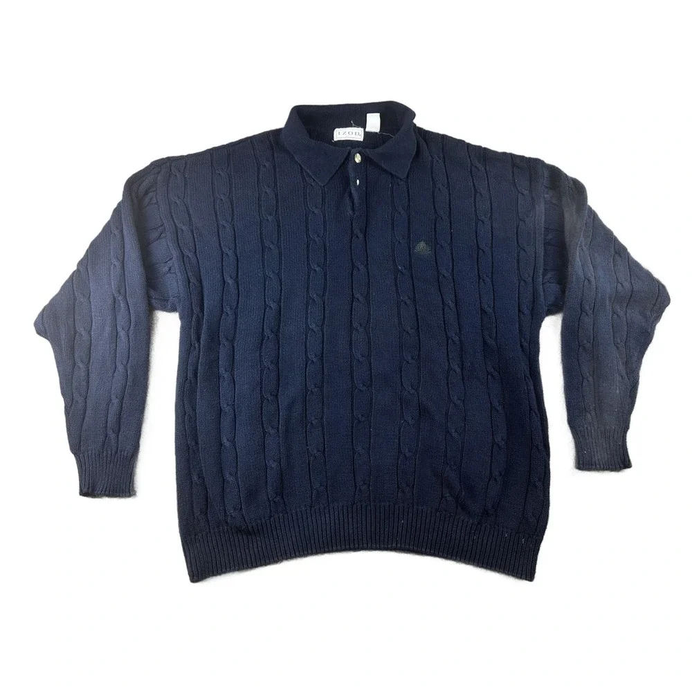 Izod Sweater Men XL Blue Cotton Cable Knit 1/4 Button Embroidered Crest Preppy